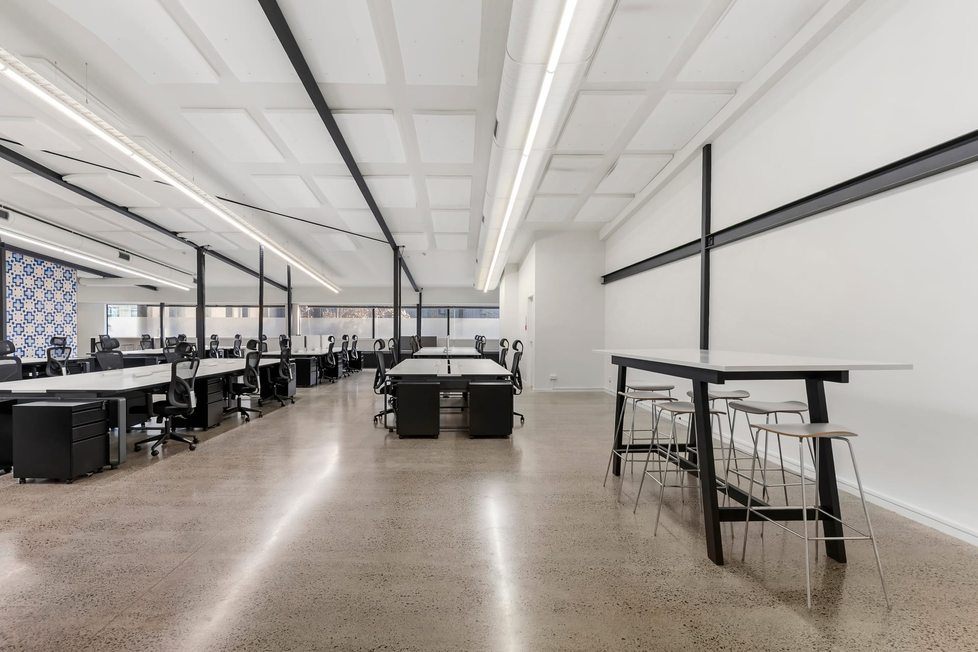 Collaborative breakout area with leaner bench seating at Thinkspace Morningside