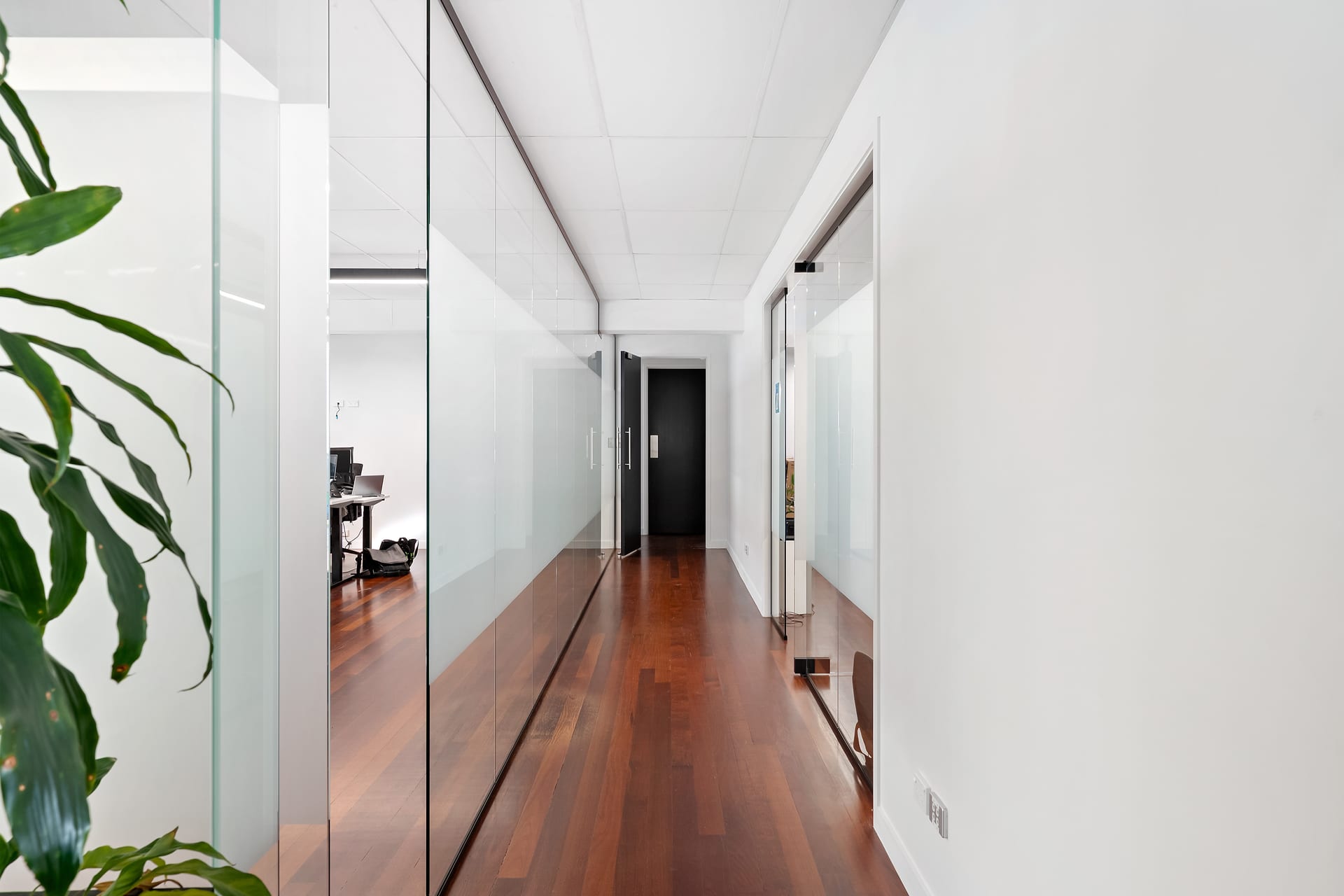 Heritage interior hallway lined with glass-walled offices at Thinkspace Parnell